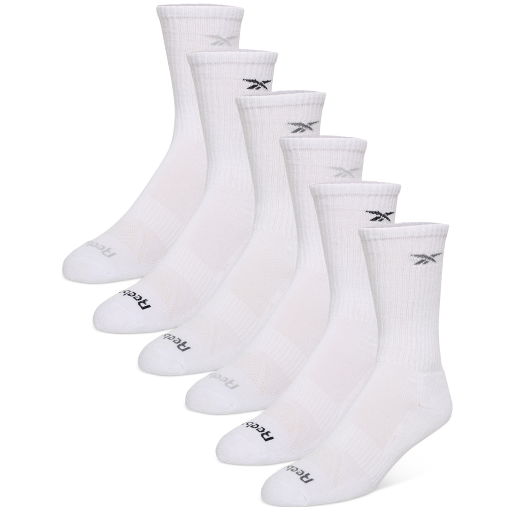Reebok Men 6-Pk 1/2 Terry Performance Crew Socks White Shoe Size 10-13